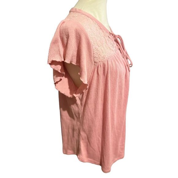 No Boundaries Women's Lace Top Short Sleeve Blouse Casual Shirt Rose Pink Size X - Picture 3 of 13